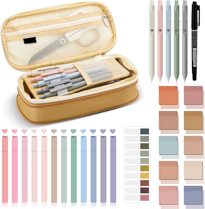 Jutom 39 Pcs Aesthetic Book Annotation Kit Highlighter with Case Bag Gel Pen Transparent Sticky Note Taking Bible Supplies(Khaki,Cute Style)