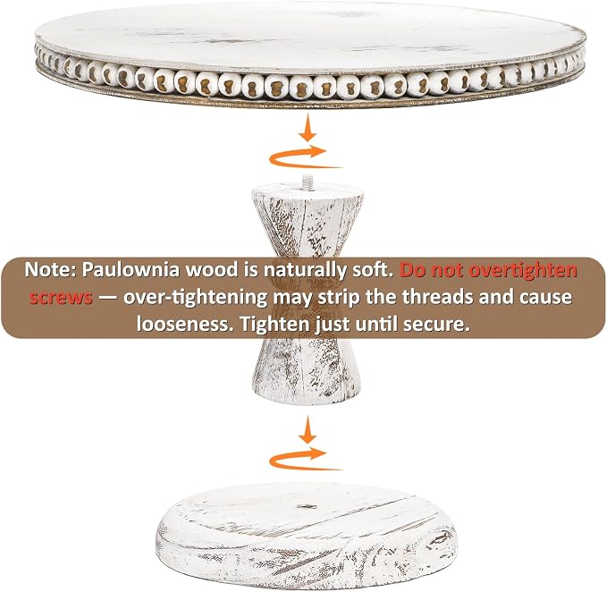 Peohud 12 Inch White Wood Cake Stand, Round Cupcake Pedestal Stand with Beads, Distressed Dessert Display Riser Tray for Wedding Birthday Christmas Party Table Decor