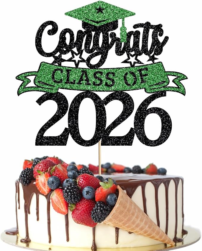 Glitter Class of 2026 Cake Topper，Congrats Grad Decorations， 2026 Happy Graduation High School/College/University Graduation Party Supplies