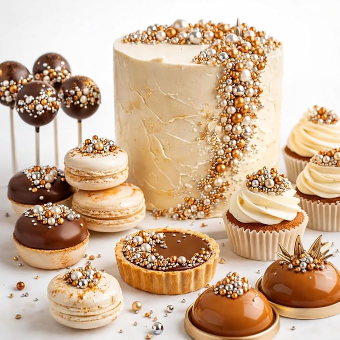 Confect Bronze Metallic Sprinkle Mix – Bake Stable Edible Pearls, Silver & Gold Dragees, Bronze Jimmies for Cake Decorating, Cupcakes, Cookies & Desserts 4.2 oz