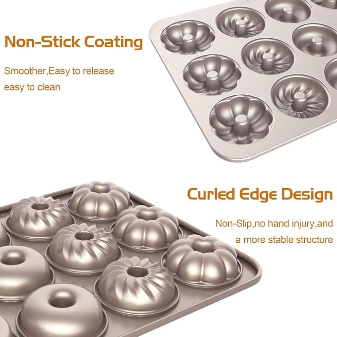 CHEFMADE Donut Mold Cake Pan, 12 Cavity Fluted Flower Cake Tin Pan Heavy Duty Steel Non-stick Flower Heart Shaped Bund Pans Pattern Doughnut Bakeware for Oven Baking (Champagne Gold)