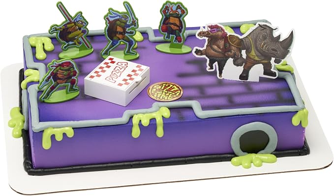 DecoSet® Teenage Mutant Ninja Turtles™ Pizza Power Cake Topper, 6-Piece Cake Decoration With Turtle Figurines, Cake Pic, And Pizza Launcher ! | For Birthday, Parties, Celebration