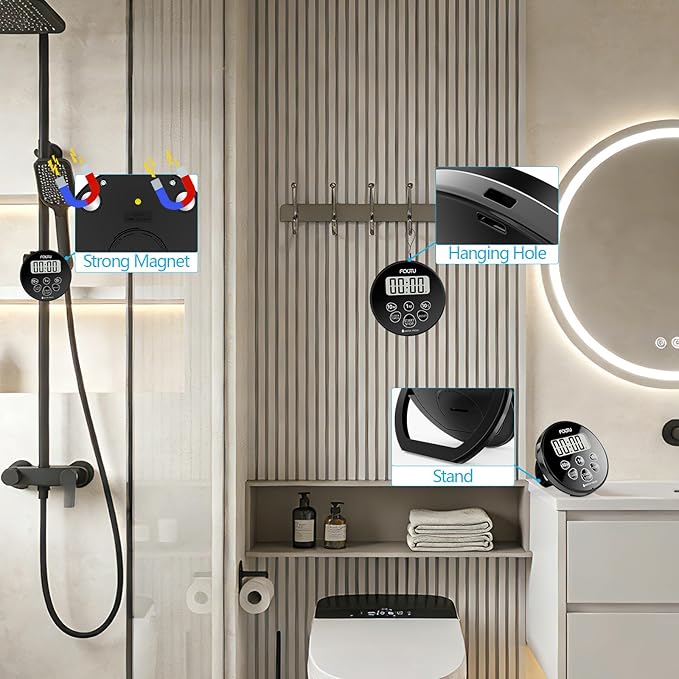 Digital Waterproof Shower Clock Timer, Bathroom Shower Countdown Timer with Alarm, Magnetic Back, Stand for Kitchen Cooking Dark Black