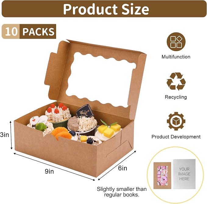 Moretoes 10pcs Bakery Boxes, 9x6x3 Inch Brown Cookie Boxes with Window,Pastry Containers for Chocolate Covered Strawberries, Candy, Muffins, Donuts