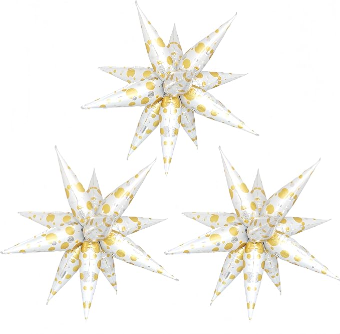 3Pcs Platinum Polka Dot Explosion Pointed Star Foil Balloons32-inch/Elegant White & Silver Metallic Decoration forChristmas, New Year, Birthday, Wedding, Celebration Party(3 PCS Platinum Polka Dots)
