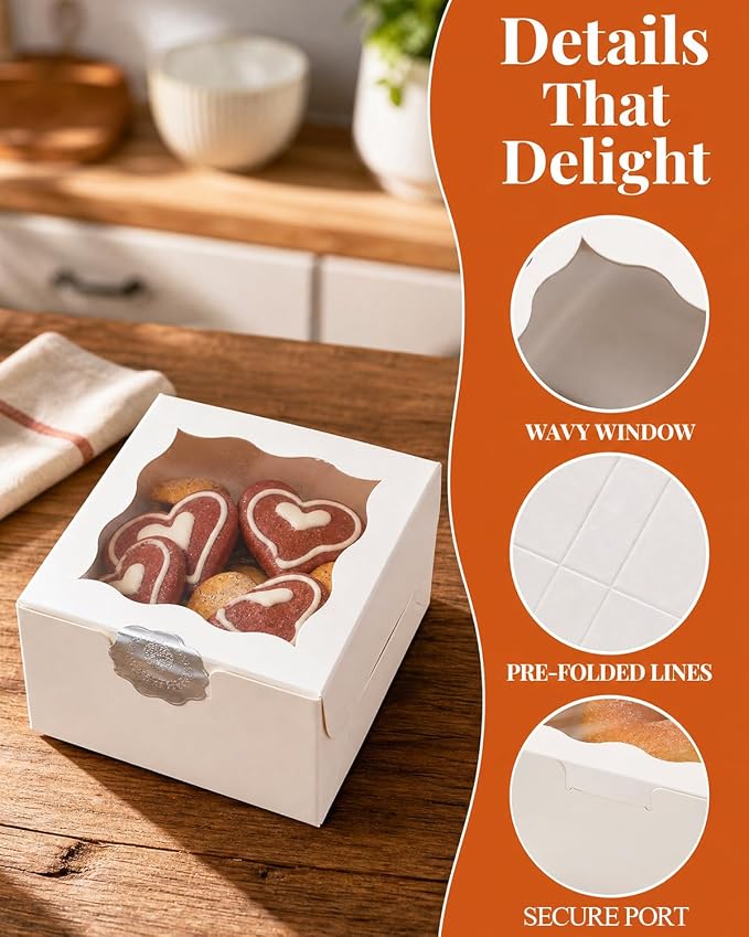 Bakepacker 400pcs White Bakery Boxes with Window 4"x 4"x 2.5" Thick & Cookie Boxes & Sturdy Macaroon Pastry