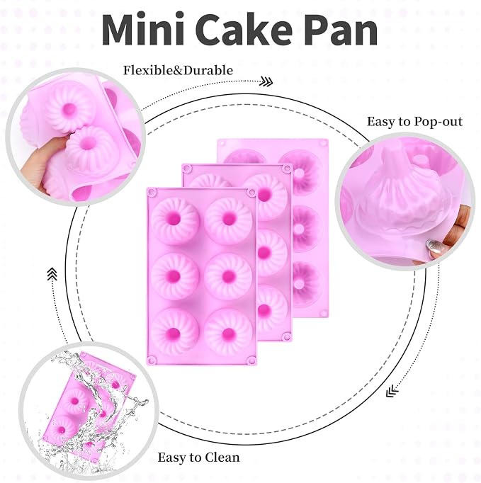3 Pack Purple Mini Cake Pans for Baking, Silicone Small Cake Pan Mold Moldes Para Gelatinas, 6 Cavity Nonstick Mini Cheesecake Pans, Jello Molds Silicone Donut Pan for Baking Cupcakes Chocolate