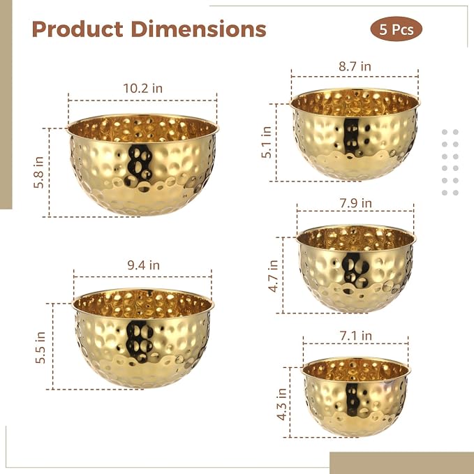 5 Pcs Stainless Steel Mixing Bowls, Gold Hammered Salad Bowl | 7.1/7.9/8.7/9.4/10.2 in, Round Stackable Serving Bowls for Kitchen Cooking, Baking, Food Prep