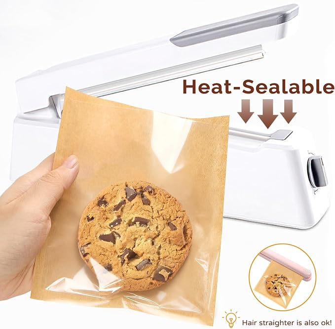 Ocmoiy Cookie Packaging Bags with Seal, 5.7 x 6.5 Inch, 100 Pack | Heat-Sealable & Grease-Resistant, Paper Bakery Bags with Window, Bake Sale Sleeves, For Treat, Donut, Brownie, Cake Slice