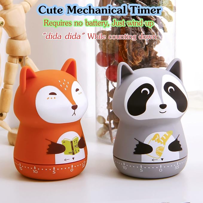 Mechanical Kitchen Timer - Cute Animal Wind Up 60 Minutes Manual Countdown Timer for Kids, Classroom, Home, Study and Cooking - Grey Raccoon