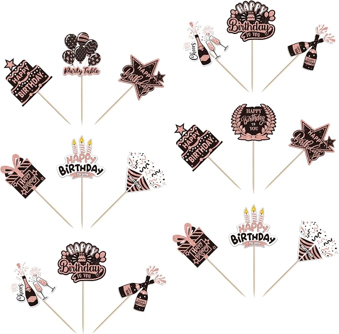40 PCS Happy Birthday Cupcake Toppers Double Sided Balloon Star Cheers Party Time Happy Birthday Cupcake Picks for Celebrating Anniversary Theme Party Cake Decorations Supplies Black Rose Gold