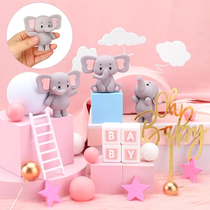 Yinder Bear Cake Toppers Mini Bear Cake Decorations Cake Toppers Gold White Pearl Ball for Birthday Party Decorations(Gray, Pink,Elephant Style)