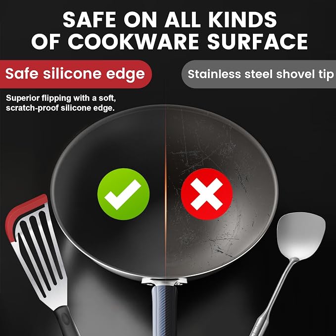 2Pcs Silicone Fish Spatula, Heat Resistant Silicone Edge for Nonstick Cookware, Fish Turner for Kitchen Use, Flexible and Thin Stainless Steel Utensils, Perfect Slotted Spatula for Egg, Pancake, Red