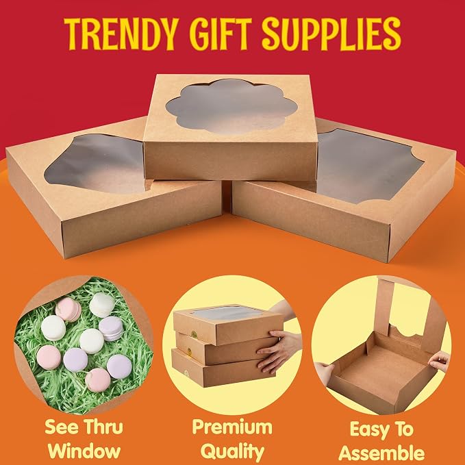 JOYIN 15 Pcs 10x10x2.5 inch Designer Kraft Bakery Boxes with Stickers, Perfect for Cakes, Pies, Cookies, Muffins, Thanksgiving & Christmas