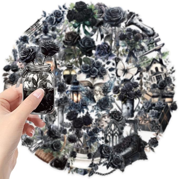 50Pcs Dark Roses Aesthetic Stickers, Black | Gothic Transparent Rose Flower Decals, For Scrapbook, Journaling, Planner, For Laptop, Kindle, Guitar, Adults