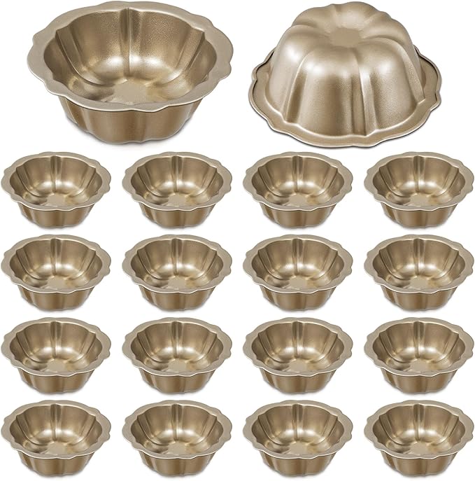 Ctosree 16 Pcs 4 Inches Fluted Mini Cake Pan Nonstick Fluted Cake Pan Carbon Steel Tube Metal Tube Oven Baking Mold with Flower Shape for Cupcake (Gold)