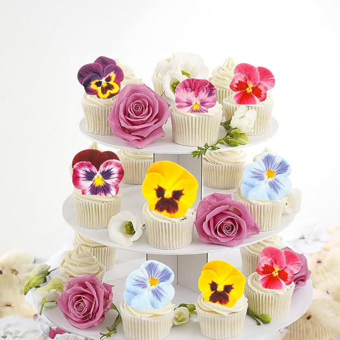 Ephlyn 64Pcs Edible Flower Cupcake Toppers Wafer Paper Flat Cake Toppers Spring Bridal Engagement Baby Shower Birthday Party Cupcake Picks Anniversary Party Supplies