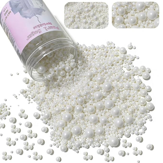 White Pearl Sugar Sprinkles Bulk 450g/16oz & Mix Size 2mm 3mm 5mm 7mm 8mm 14mm Edible Pearls Candy for Cake Decorating & Cookies Waffles Baking & Wedding Cupcakes