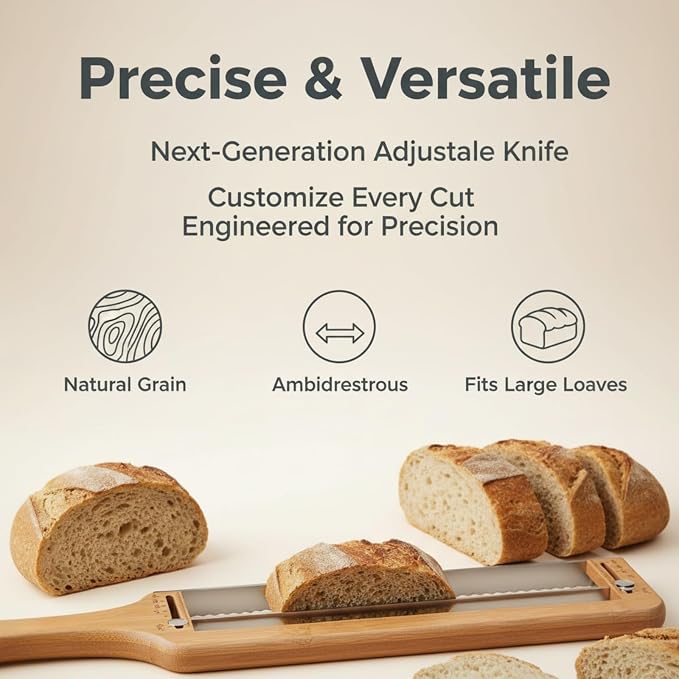 Adjustable Bread Slicer & Knife Set: Stainless Steel Blade with Wooden Handle, Even Slices for Homemade Sourdough and Crusty Breads in Home Kitchens for Baking Enthusiasts