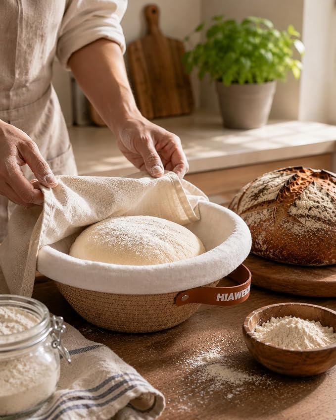 Banneton Bread Proofing Basket, Natural Cotton Rope Bread Baskets with Reusable Liners & Dust Covers, Artisan Sourdough Bread Baking Supplies, 9'' Round & 10" Oval