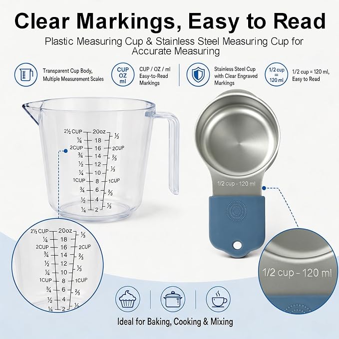 Stainless Steel Measuring Cups and Spoons Set, 7 Magnetic Measuring Cups, 5 Metal Measuring Teaspoons, 3 Plastic Measuring Cups for Kitchen Cooking & Baking, Dry & Liquid Ingredients