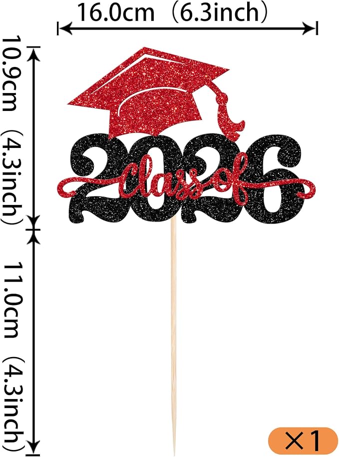 1 Pack Class of 2026 Cake Topper Glitter Congrats Grad Cap 2026 Graduation Cake Pick for 2026 Graduation Theme High School Boys Girls Graduate Party Cake Decorations Supplies Black Red