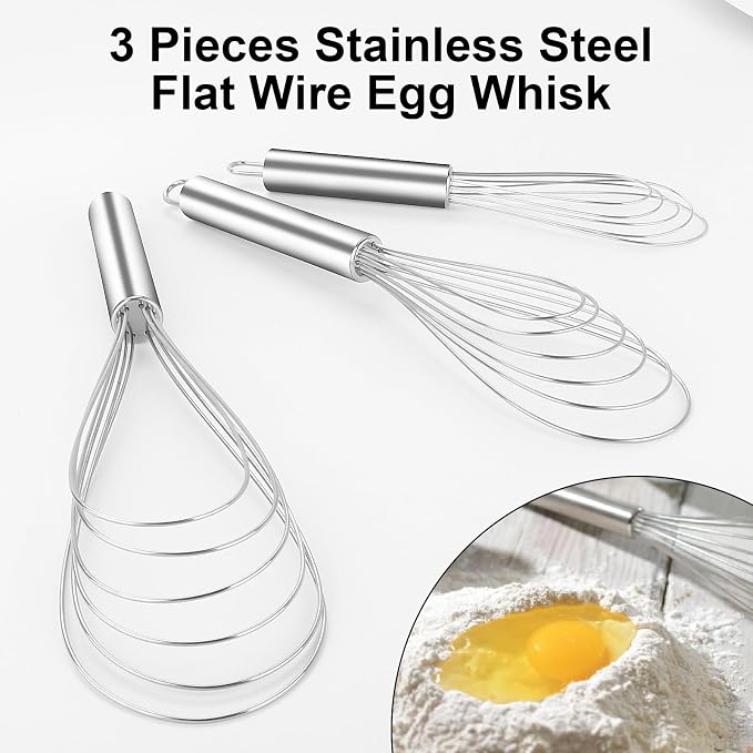Flat Whisk Stainless Steel Flat Whisk for Cooking Kitchen Flat Wire Whisk Set Egg Mixing Whisks for Cooking, Blending, Whisking, Beating and Stirring, (3Pack, 8 Inch, 10 Inch, 12 Inch)