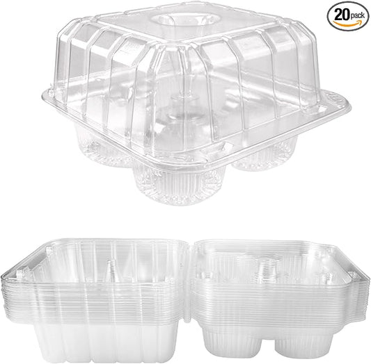 40 Pack 4-Compartment Clear Plastic Cupcake Boxes, 4-Cavity Cupcake Holders, Clear Cupcake Containers (20) | Clear Plastic Cupcake Boxes, 4-Cavity Cupcake Holders with Deep Dome for Bakery Muffin Dessert