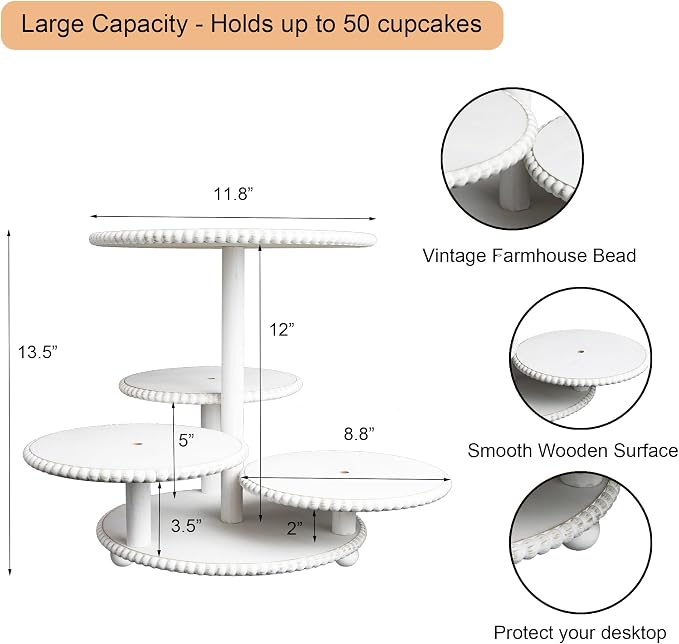 GENMOUS 4 Tiered Beaded Cake and Cupcake Stand Combo for Birthday Party Decor, Rustic Wooden Cupcake Tower Stands for 50 Cupcakes, White Cupcake Tier Stand Display for Wedding Baby Shower Tea Party