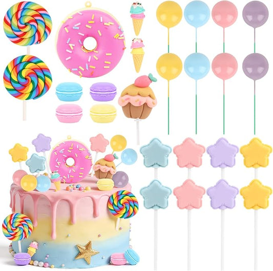 Hooqict 26Pcs Candy Cake Decorations Set with Ice Cream Lollipop Donut Candyland Cake Toppers & Cupcake Toppers for Kids Girls Candy Themed Party Decorations Sweet Candyland Birthday Party Supplies