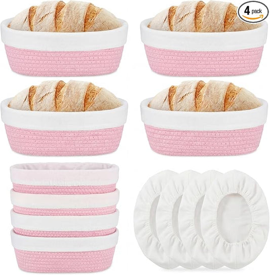 4 Pcs 10 Inch Bread Proofing Basket Set Cotton Rope Oval Banneton Basket Sourdough Bread with Liners Covers for Baking Supplies (Pink)