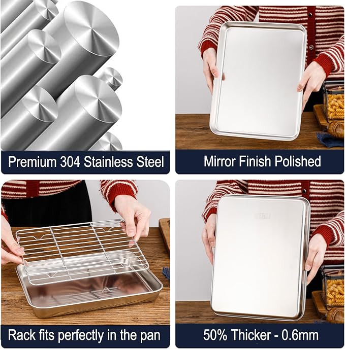 Small Deep Cookie Baking Sheet Pans with Cooling Wire Rest Racks Set 18/8 (304) Stainless Steel Tiny Serving Trays 10.4 x8.1 x1.1Inch Dishwasher Safe for 1~2 Person 2Pans & 2Racks