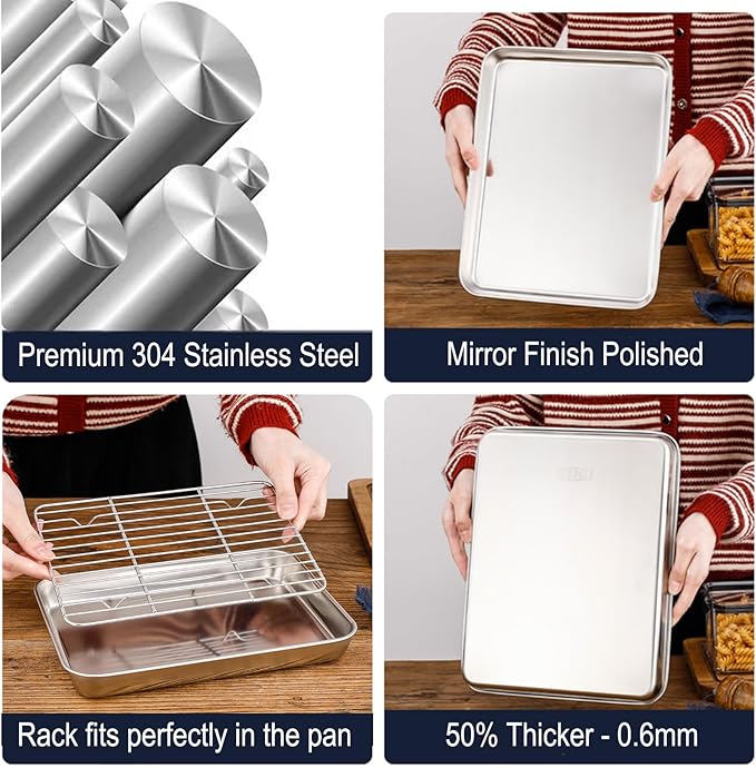 Extra Small Serving Trays with Cooling Wire Racks Set Stainless Steel 304 Tiny Baking Sheet Pans 9.3 x 6.9 Inch Dishwasher Safe for 1~2 Person 2 Pans & 2 Racks