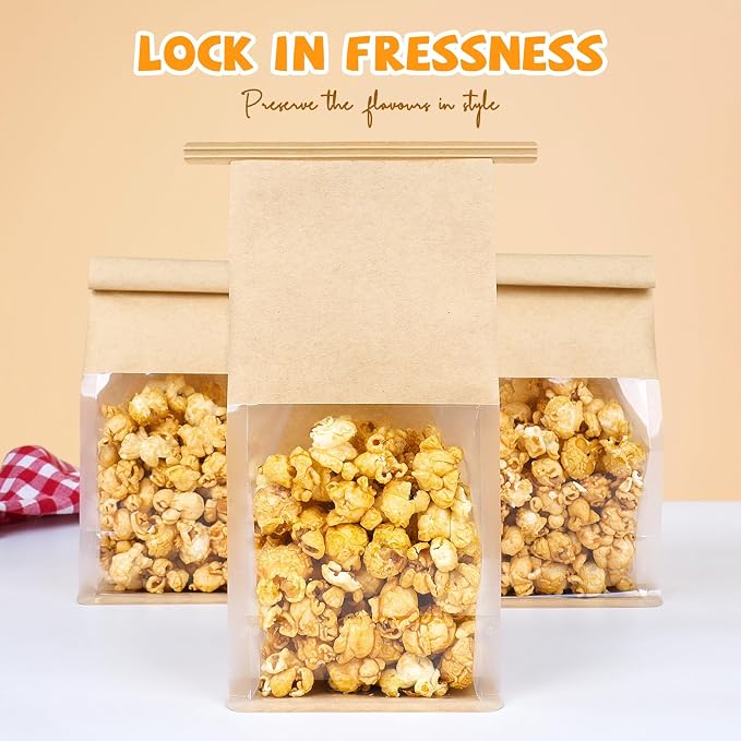 50 Pack Cookie Packaging Bags, 3.9x3.1x8.2 Inches Small Bakery Bags with Window Tin Tie Tab Lock Resealable Paper Treat Bag for Baked Goods Gift Giving and Bake Sale | Thick Material