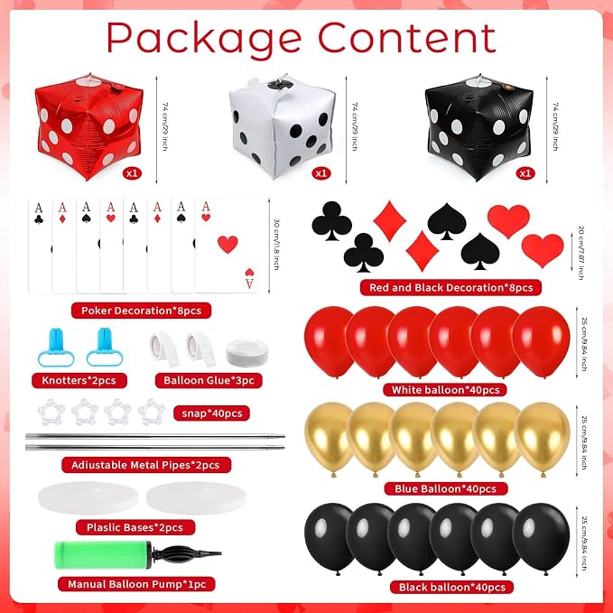 2 Sets Casino Theme Balloon Column Stand Kits Red Black Gold Balloons Column Kit with Dice Poker Tower Stand Kit 2 Sets Balloons Tower Sets for Las Vegas Game Night Themed Party Supplies