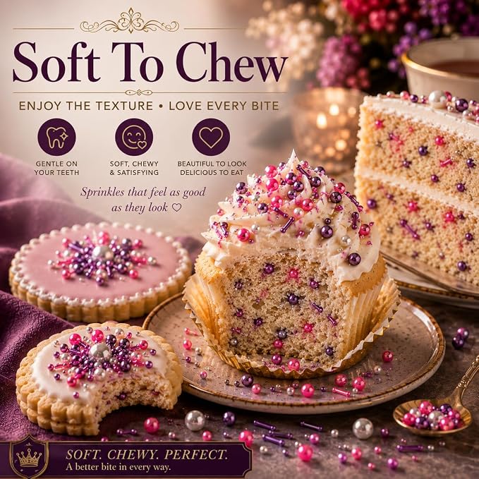 Confect Cake Decorating Sprinkles Mix – Pink & Purple Jimmies with Pearl Sugar Balls – Edible Cupcake & Cookie Topping for Baking, Party & Holiday Treats | Vegan, Gluten-Free, Soy-Free, Dairy-Free, Palm Oil-Free- 4.2 Oz
