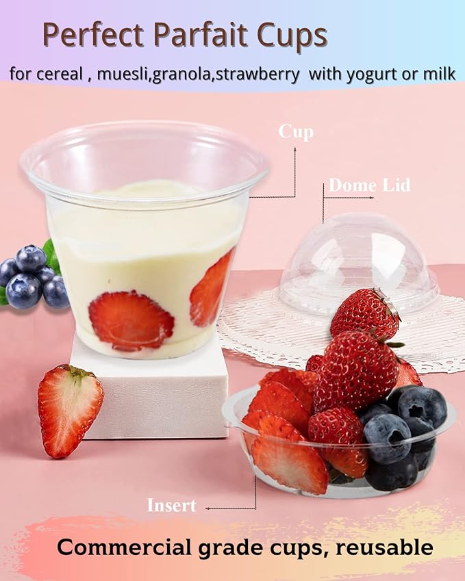 50 Sets 9 oz Clear Plastic Cups with Insert & Dome Lids(NO HOLE) - Disposable Parfait Cups with Lids for Fruit Yogurt Smoothie Iced Cold Drinks Dips and Veggies, No Leaking