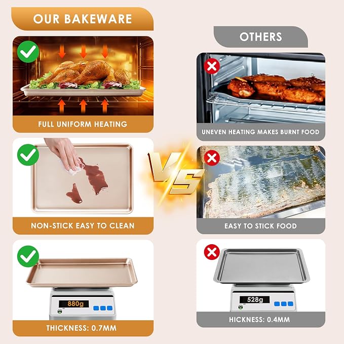 Baking Sheet Pan Set of 3, Nonstick Commercial Cookie Sheets for Baking | Half/Quarter/Jelly Roll Pans Replacement Toaster Oven Tray, Heavy Duty & Easy Clean, Rose Gold