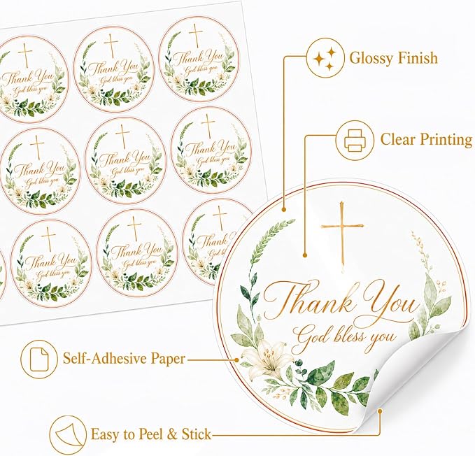 Louise Maelys 120 Pcs Christian Thank You Stickers, 2 Inch God Bless Labels | God Bless You with Cross Floral Design, Church Gifts, Envelopes, Party Favors, Baptism, Small Business Packaging