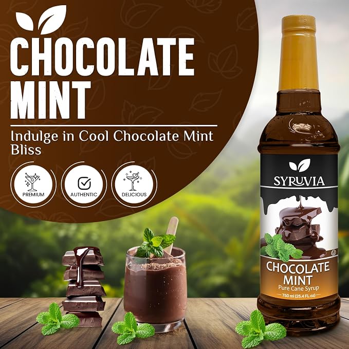 Syruvia Coffee Syrup, Chocolate Mint Flavored Syrup for Drinks, Lattes, and Desserts – 25.4 fl oz - with Pump