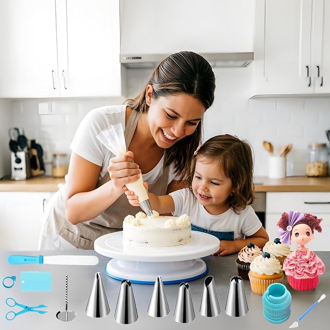 ANSLYQA Cake Decorating Kit, 340 Pcs Baking Tools (Blue) | Cake Turntable, Leveler, 55 Numbered Icing+Skirt Tips, 2 Spatulas, 3 Scrapers, 100 Pastry Bags, 100 Cupcake Liners & More