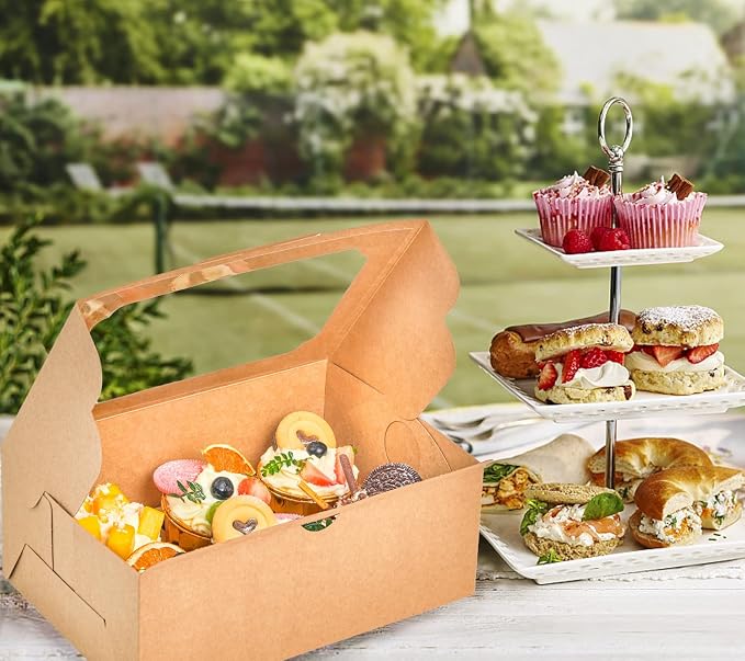 UnicoPak 20 Pack Brown Cupcake Boxes with Handle Tray - 4" Tall Large Muffin Boxes for 6 Cupcakes - Professional Food-Grade Cardboard Window Boxes for High Frosting, Toppers & Jumbo Treats