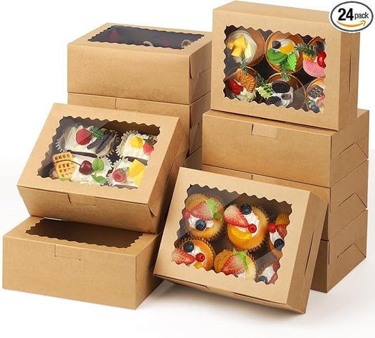 Cupcake Boxes,8X6X3 Inch 24Pack， Cookie Boxes with Window,Bakery Box,Kraft Paper Brown Gift Box for Pastries,Cookies,Cake,Donuts,Macaroon Gift Box,candy special food box,