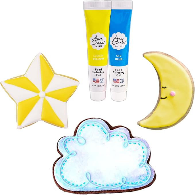 Celestial Cookie Decorating 5-Pc. Set Made in USA by Ann Clark, Star, Cloud, Crescent Moon, Yellow & Sky Blue Food Coloring Gel