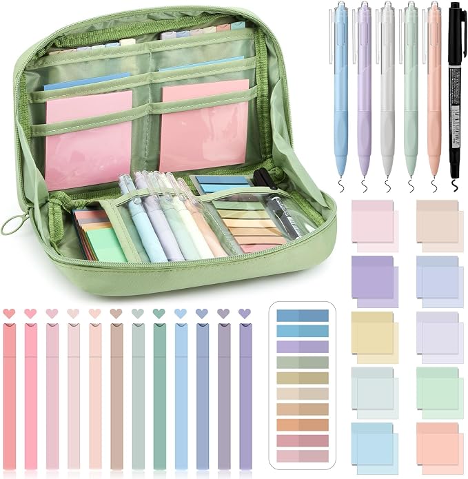 Jutom 39 Pcs Aesthetic Book Annotation Kit Highlighter with Case Bag Gel Pen Transparent Sticky Note Taking Bible Supplies(Green,Kawaii Style)