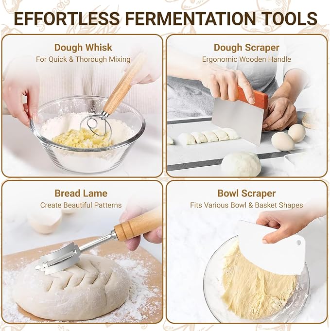 7-Piece 9 Inch Round Proofing Basket, Complete Sourdough Starter Kit with Linen Liner & Tools, Sourdough Bread Baking Supplies & Making Accessories Gift Set - Send Goods from Local Warehouse (1 Pack)