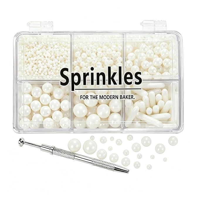 Weraru Edible White Pearl Sprinkles Candy Mixing Size Baking Edible Cake Decorations Cupcake Toppers Cookie Decorating Celebrations Wedding Shower Party Chirstmas Supplies 120g/ 4.2oz
