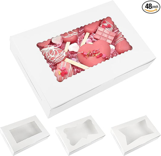 Moretoes 48pcs Bakery Boxes,12x8x2.5 Inches Cookie Boxes with 3 Style Window for Chocolate Covered Strawberries, Desserts, Cookies, with 4pcs Stickers