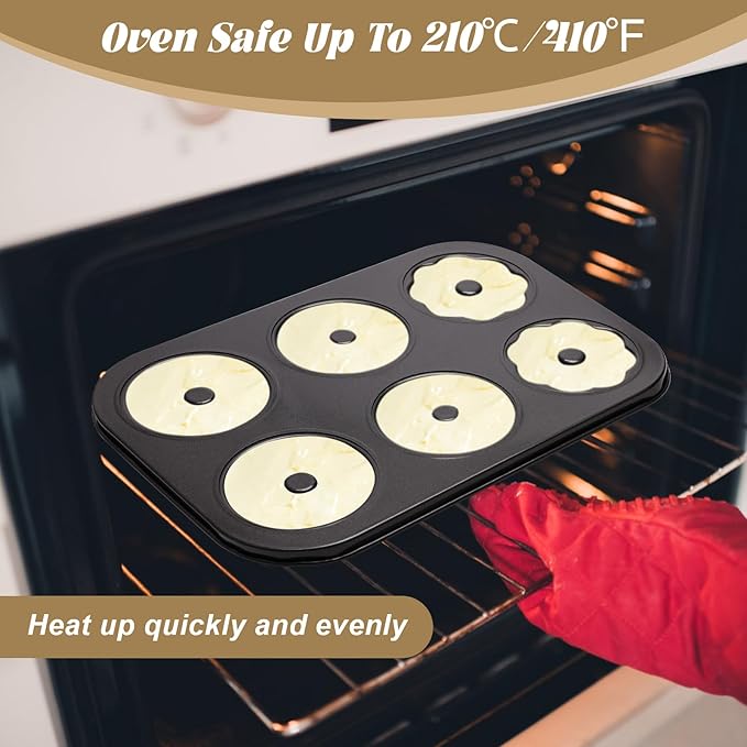 2 Pack Donut Pans, Carbon Steel Donut Pan for Baking with 6 Holes Non-Stick Stackable 10.35" x 7.28" Doughnut Pans Oven Safe Donut Molds for Bagels, Mini Cakes and Muffins