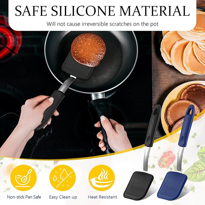 Silicone Cookie Spatula Turner 2 Pack Mini Brownie Spatula Flexible Kitchen Small Silicone Turner for Nonstick Cookware Heat Resistant No Scratch Flipper for Pancake(Solid Flat,Black,Blue)